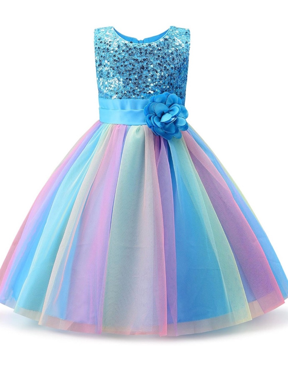 NWOT Sequin Bodice Rainbow Tulle Flower Girl Dress - Blue
